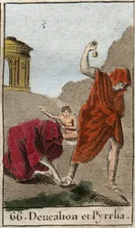 Darstellung von Deukalion und Pyrrha, den einzigen Überlebenden nach der von Zeus zur Vernichtung des Menschengeschlechts verursachten Flut. Themis fordert sie nach der Flut auf, mit bedecktem Haupt zu gehen und die Gebeine ihrer Mutter (die Steine der