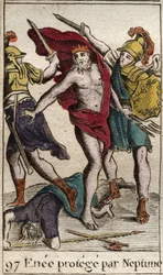 Darstellung von Aeneas, der von Neptun geschützt wird und sich vom Kampf gegen Achilles zurückzieht. Aus „Mythologie der Jugend“ von Pierre Blanchard 1803.
