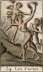 Darstellung der Furien, Tisiphone, Megäre und Alecto, als ausgemergelte Frauen. Aus „Mythologie der Jugend“ von Pierre Blanchard 1803.