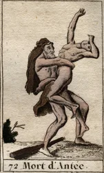 Darstellung von Herkules, der Ante, König von Libyen, besiegt (Herakles (Herkules) tötet Antäus mit einem Bärenumarmung). Aus „Mythologie der Jugend“ von Pierre Blanchard 1803.