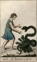 Darstellung der Unschuld als Kind, das eine gefährliche Schlange füttert. Aus „Mythologie der Jugend“ von Pierre Blanchard 1803