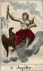 Darstellung Jupiters (oder Joves), des Königs der Götter und Gottes des Himmels und des Donners. Aus „Mythologie der Jugend“ von Pierre Blanchard, 1803.