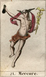 Darstellung von Merkur, Gott des Handels, der Reisen und Bote der anderen Götter. Er hält einen Hermesstab und trägt einen Petasos. Aus „Mythologie der Jugend“ von Pierre Blanchard 1803.