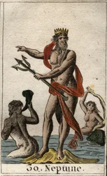 Darstellung von Neptun, Gott der Meere, er hält einen Dreizack. Aus „Mythologie der Jugend“ von Pierre Blanchard 1803.