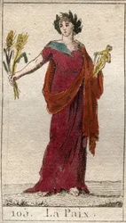 Darstellung des Friedens als Frau, die mit Lorbeeren gekrönt ist und eine Garbe hält. Aus „Mythologie der Jugend“ von Pierre Blanchard 1803