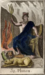 Darstellung Plutos, des Gottes der Unterwelt, zu dessen Füßen Cerberus steht, der dreiköpfige Hund und Wächter der Unterwelt. (Pluto, Gott der Hölle, mit Cerberus, dem dreiköpfigen Hund). Aus „Mythologie der Jugend“ von Pierre Blanchard, 1803.