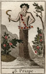Darstellung von Priapus, Gott der Fruchtbarkeit, oft dargestellt mit einem permanent erigierten Penis, er hält eine Sichel. Aus „Mythologie der Jugend“ von Pierre Blanchard 1803.
