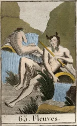 Darstellung von Flüssen, alte Männer mit nassem Bart und Haar, sie sitzen neben umgestürzten Urnen. Aus 