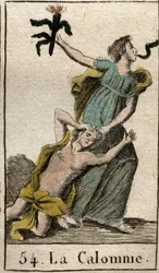 Darstellung der Verleumdung, die ihre Mutter, den Neid, an den Haaren zieht, eine Schlange kommt aus ihrem Mund. Aus „Mythologie der Jugend“ von Pierre Blanchard 1803.