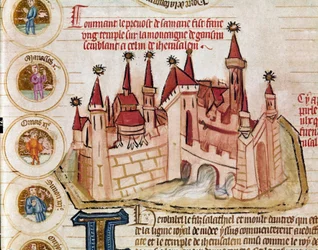 Darstellung einer befestigten Stadt ähnlich der von Jerusalem. Seite aus dem Manuskript Genealogie der Bibel der französischen Schule. 14. Jahrhundert. Cremona, Biblioteca Governativa