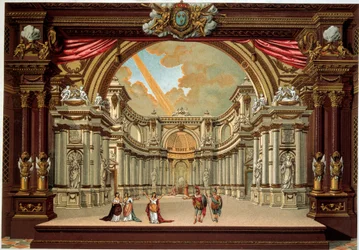 Darstellung eines Stücks von Jean Baptiste Poquelin, genannt Molière (1622-1673), im Theater des Schlosses von Versailles. Lithographie des 19. Jahrhunderts. Dekorative Künste, Paris