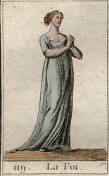 Darstellung des Glaubens, Frau in Weiß gekleidet mit gefalteten Händen. Aus „Mythologie der Jugend“ von Pierre Blanchard 1803