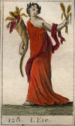 Darstellung der Sommerzeit als Ceres, die einen Kranz aus Weizen und ein Füllhorn hält. Aus „Mythologie der Jugend“ von Pierre Blanchard 1803.