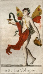 Darstellung der Volupté, nackte Frau mit Rosen gekrönt, sie hält einen Becher oder eine Schlange zieht einen köstlichen Likör. Aus „Mythologie de la jeunesse“ von Pierre Blanchard 1803.