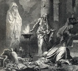 Darstellung der Hexe von Endor (oder Pythonisse von Endor), ein kanaanitisches Dorf, das im ersten Buch Samuel (Bibel) erwähnt wird, das einen Talisman hat, mit dem sie den Geist des kürzlich verstorbenen Propheten Samuel auf Wunsch von Saul, König von Isr