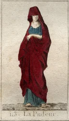 Darstellung der Gottheit der Bescheidenheit, einer jungen Frau mit einem Schleier bedecktem Gesicht. Aus „Mythologie der Jugend“ von Pierre Blanchard 1803
