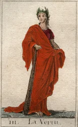 Darstellung der Tugend, als junge Frau mit aufrichtigem Gesicht. Aus „Mythologie der Jugend“ von Pierre Blanchard 1803.