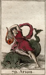 Darstellung des legendären griechischen Dichters Arion von Methymne, der die Delfine mit seiner Kithara bezaubert. Aus „Mythologie der Jugend“ von Pierre Blanchard 1803