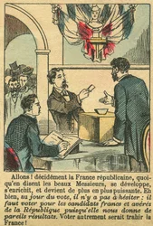 Die republikanische Frankreich verdiente die Stimme der Franzosen. Stich, in „Le Figaro, Beilage“, am 30.03.1889, Paris. Coll. Selva.