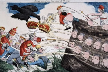 Von Marianne geführte Revolutionäre bombardieren europäische Herrscher mit ihrer Scheiße. Karikatur aus der Zeit der Französischen Revolution. Radierung. 1792. Musée Carnavalet