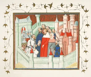Richard II. auf Schloss Flint, wo er als Gefangener an Bolingbroke, seinen Rivalen um den Thron, übergeben wurde, Faksimile-Kopie aus Le Prinse et Mort du Roy Richart von Jean Creton, nachgedruckt im 19. Jahrhundert (farbig)