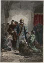 Robert II der Fromme (972-1031), kapetischer König von Frankreich 996-1031, hatte ein freundliches Gefühl für die Schwachen und Armen (Stich aus „L