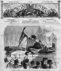 Roman: „Notre Dame de Paris“ von Victor Hugo. Quasimodo und Esmeralda. Gravur in „Les bons romances“