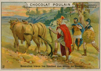 Romulus legt die Grenzen Roms fest, Chocolat Poulain Sammelkarte