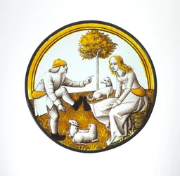 Rundel mit Paar beim Quintain-Spiel, ca. 1500 (Glas, Glasmalerei und Silberstich)