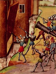Soldaten mit Handkanonen belagern eine Burg, aus 