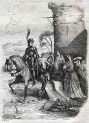 Ruggiero und drei Nymphen vom Hofe Alcinas - Gravur von 1851 aus dem Gedicht Orlando furioso