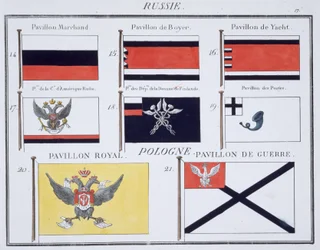 Russische Flaggen, aus einem französischen Flaggenbuch, ca. 1819