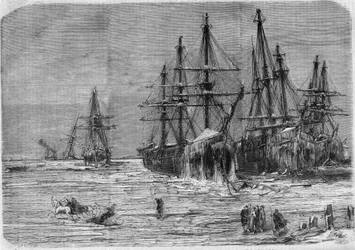 Russische Schiffe, die im Eis am Mündungsgebiet des Dnepr im Schwarzen Meer gefangen sind