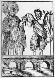Der heilige Cado (oder Cadoc oder Catuod oder Catoc oder Cazut oder Cadochus), legendärer christlicher Heiliger, gibt dem Teufel eine Katze im Austausch für den Bau einer Brücke - Volksbilder Perret