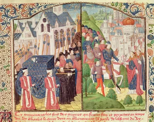 Begräbnis von König Ludwig IX. in Paris 1270 und die Ankunft von Karl V. in Reims 1364 zur Krönung in der Kathedrale, aus einem Manuskript der 