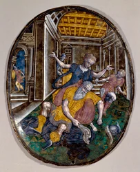 Samson und Delila. Samson verliert seine Kraft, nachdem Delila ihm die Haare geschnitten hat. Limoges-Buch. Um 1575. London, Victoria and Albert Museum