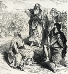 Samuel zeigt den Israeliten die Gefahren eines Königs, Gravur von Lahure, 19. Jahrhundert, Privatbesitz