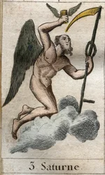 Saturn, Gott des Ackerbaus und der Ernte, ist mit einer Sense dargestellt. Aus „Mythologie der Jugend“ von Pierre Blanchard, 1803.