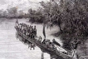 Savorgnan de Brazza in einem Kanu im Pandanus von Westafrika - in „Tour du Monde“, 2. Woche 1887