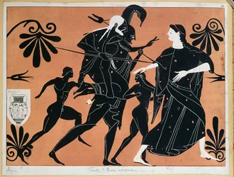 Szene von einer antiken griechischen Vase, die die Flucht des Aeneas aus Troja mit seinen Söhnen und seinem Vater Anchises auf dem Rücken darstellt