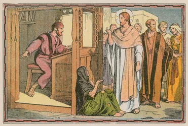Szene aus dem Leben Jesu (farbige Gravur)