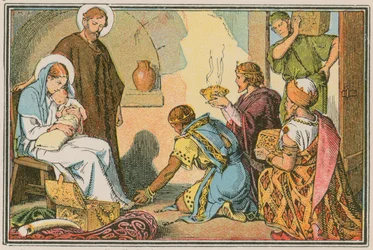 Szene aus dem Leben Jesu (farbige Gravur)