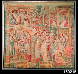 Szenen aus dem Leben des hl. Remigius (gest. 533), Bischof von Reims: Das Wunder des Testaments des reichen Mannes und die Auferstehung eines Toten, 1531