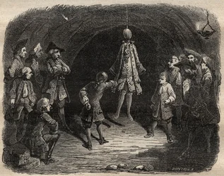 Schule der Diebe gegründet von dem Räuber Louis Dominique Garthausen genannt Cartridge (1693-1721) in einer Karriere in Paris: ein Modell hängt von der Decke, dessen Taschen geleert werden sollen, ohne sich zu bewegen, sonst gibt es eine Schussregen - Schu