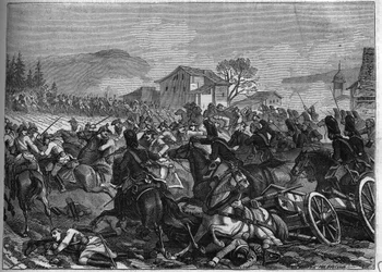 Zweite Koalition (1798-1800): Schlacht von Stockach am 3. Mai 1800 zwischen Frankreich und Österreich - Gravur von 1865 in „Histoire du Consulat et de l