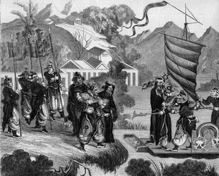 Zweiter Opiumkrieg zwischen Frankreich und England und China (1858-1860): Chinesische Karikatur des Konflikts. Ein Boot ist bereit, die Küste unter dem spöttischen Blick einer Gruppe von Chinesen zu erreichen. An Bord des Bootes zwei Figuren, die Frankreic