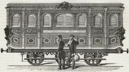 Service des Postes - Außenansicht des fahrenden Büros - Gravur in „Tableau-de-Paris“ von Edmond Texier 1852