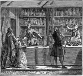 Laden eines Zinnschmieds im 18. Jahrhundert. Gravur in „La Marine et les colonies: commerce“