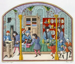 Läden unter einem überdachten Markt, nach einer Miniatur in einer Übersetzung von Aristoteles