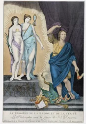 Zeitalter der Aufklärung: „Der Triumph der Vernunft und Wahrheit“: unter der Figur von Jean Jacques Rousseau entdeckt die Philosophie dem Universum Vernunft und Wahrheit, verhüllt durch Irrtum und Lüge, dargestellt durch einen Drachen und die Attribute des